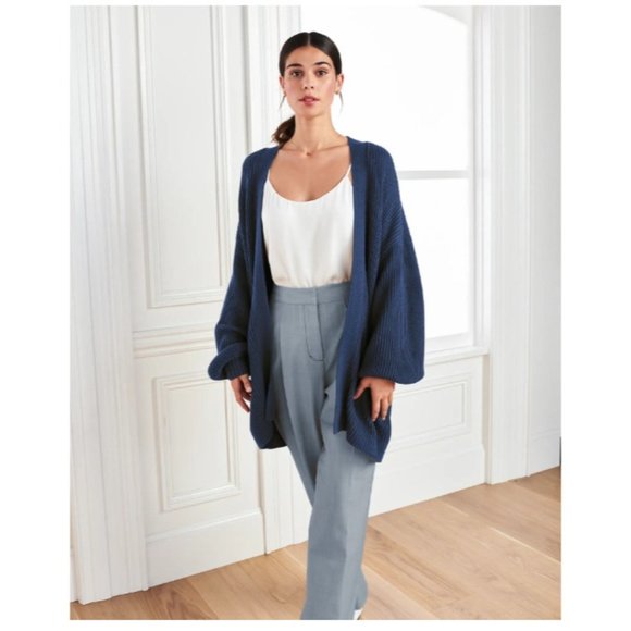 Quince 100% Organic Cotton Oversized Cardigan Open Front Rib Navy Blue M NEW - Picture 2 of 6